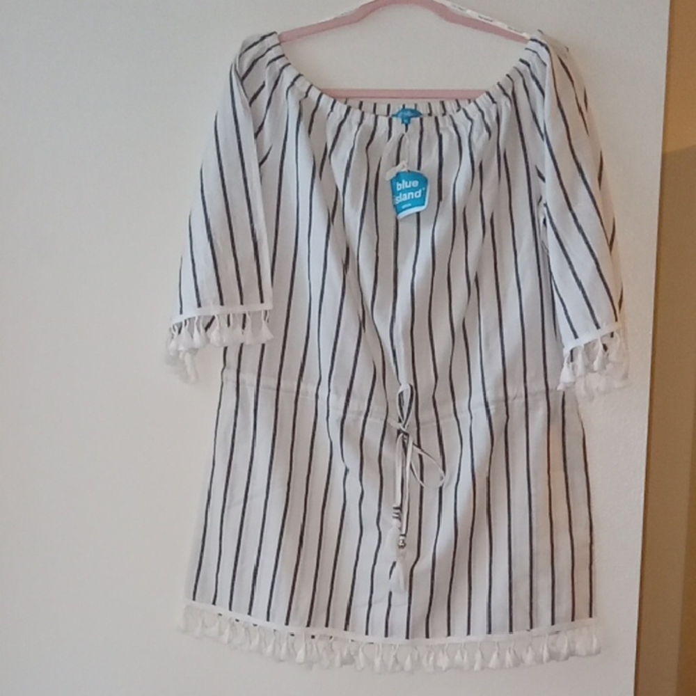 Blue Island Off-Shoulder Striped Dress